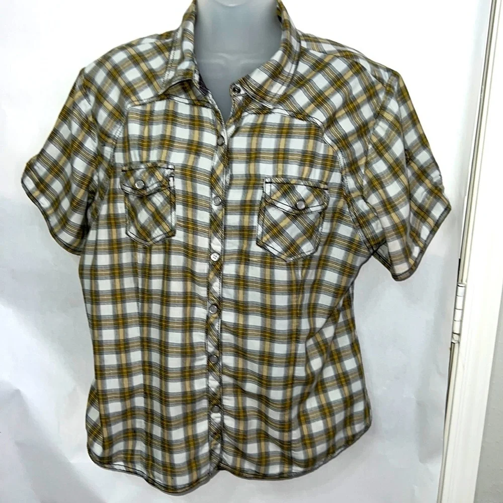 Harley Davidson Logo Womens Plaid Pearl Snap Short Sleeve Shirt Size Medium - Picture 2 of 6